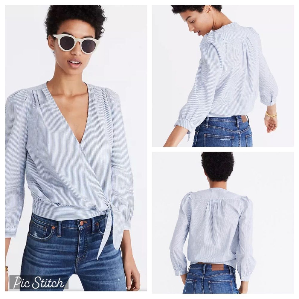 Striped Wrap Tie Blouse - Light Blue